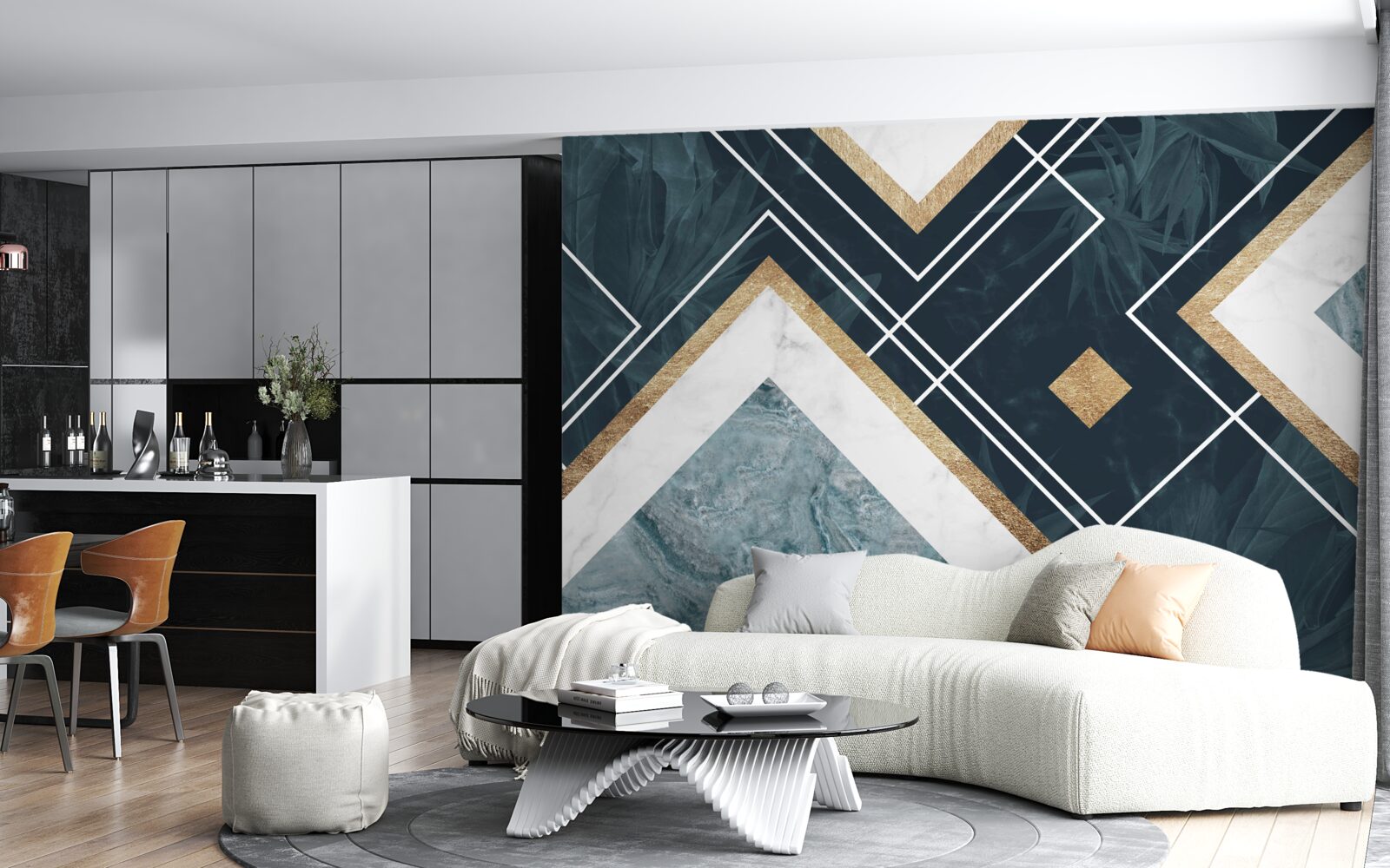 Fototapeten Blaues Mosaik mit weißen Elementen