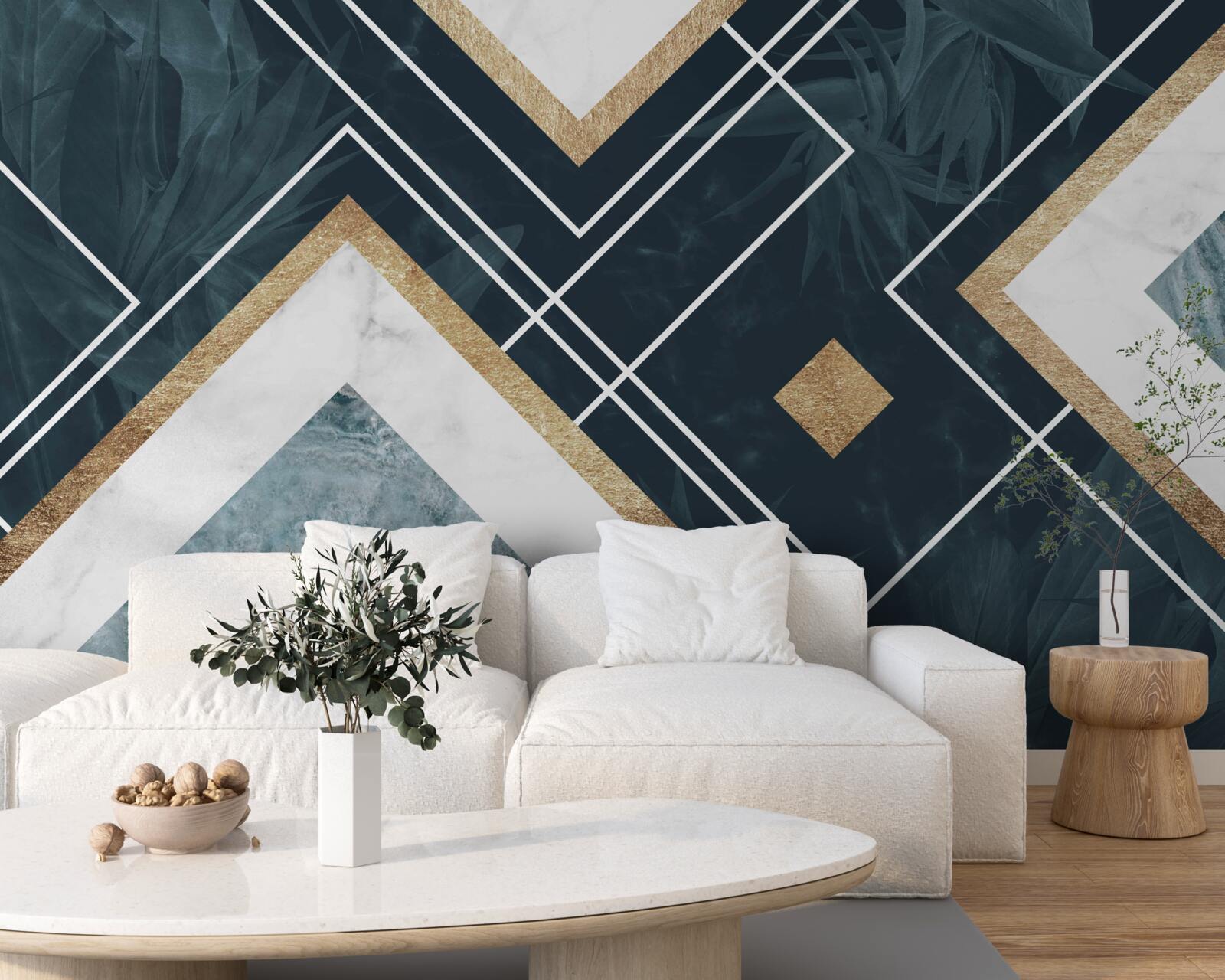 Fototapeten Blaues Mosaik mit weißen Elementen