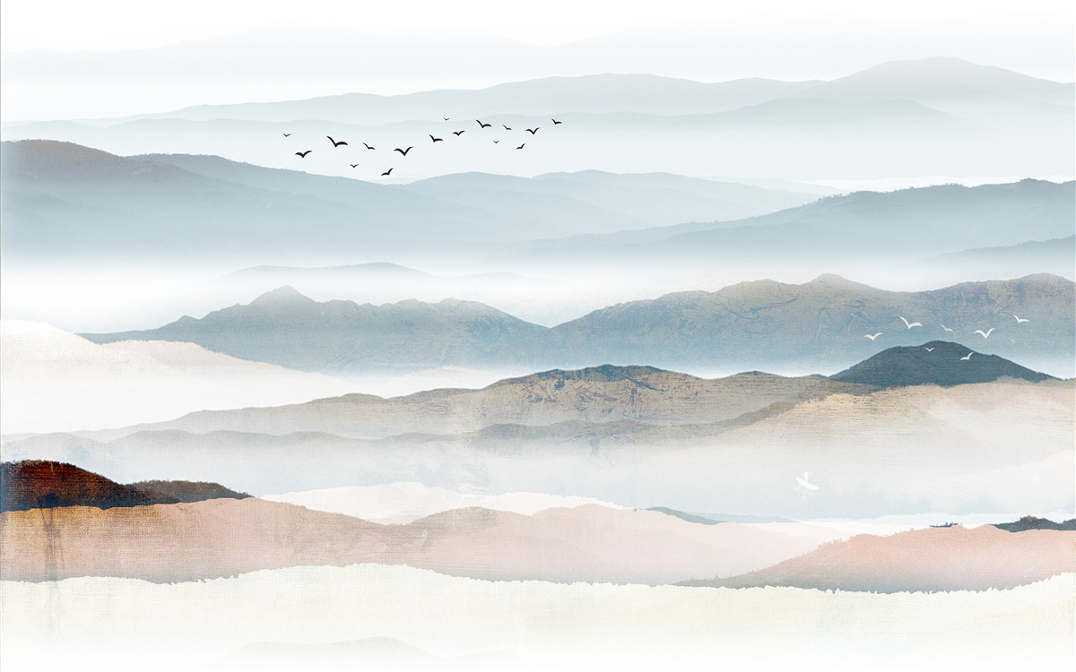 Fototapeten Die Vögel fliegen über den Wald, der in Morning Nebel gewickelt ist