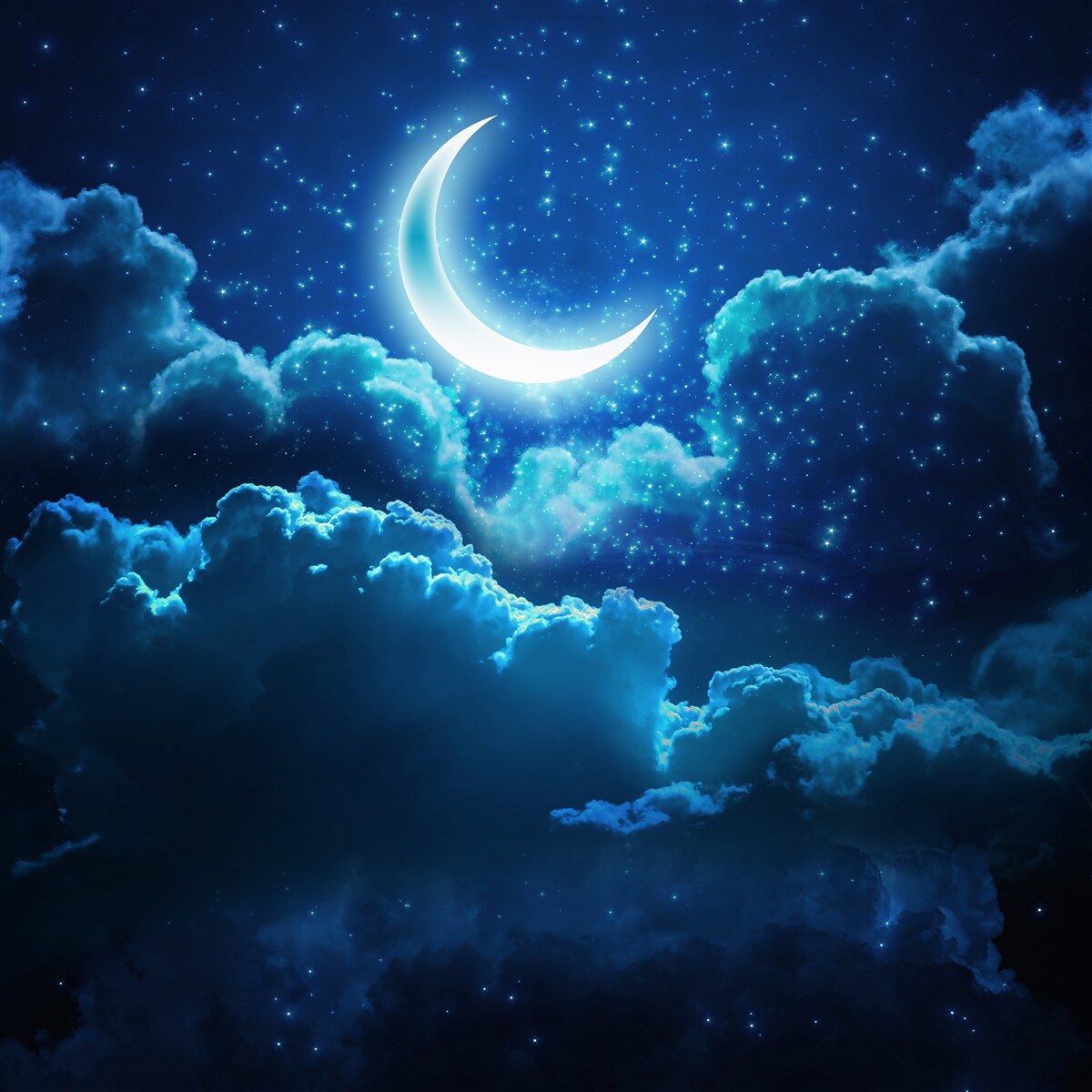 Fototapeten Der magische Mond fliegt über die Abendwolken