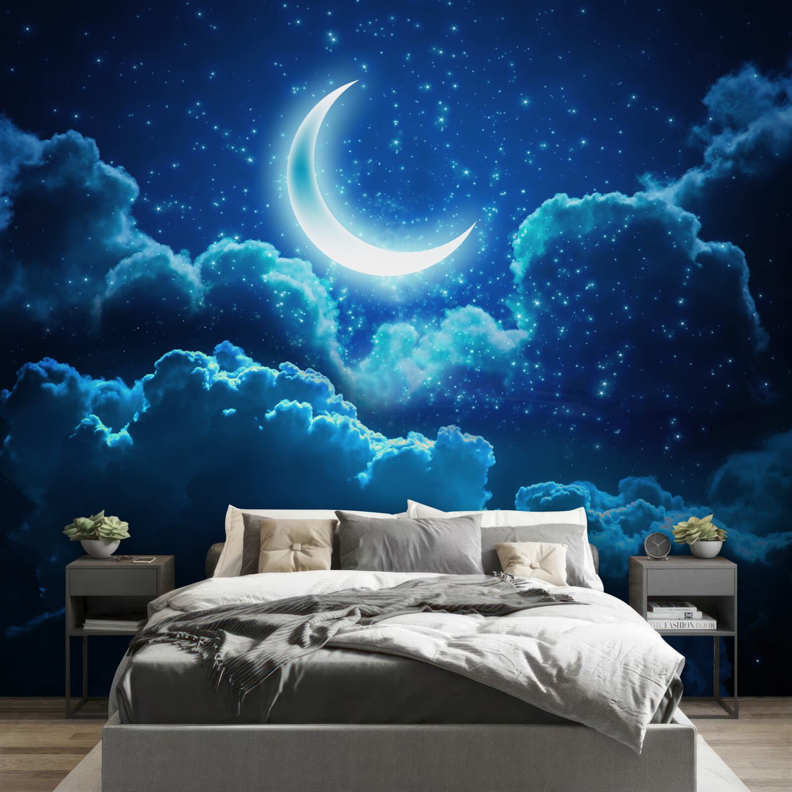 Fototapeten Der magische Mond fliegt über die Abendwolken