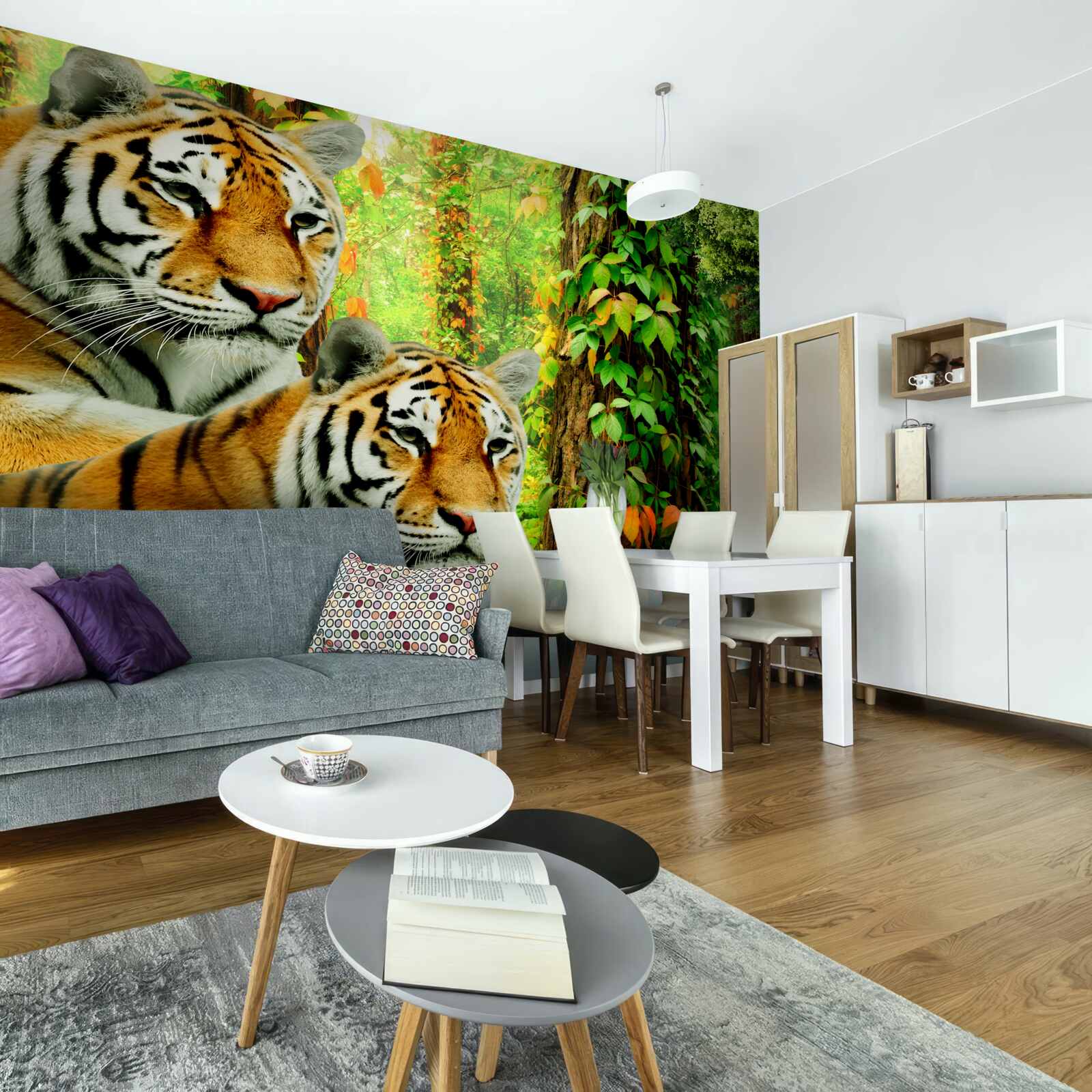 Fototapeten Die Familie der Tiger im grünen Dickicht des Waldes
