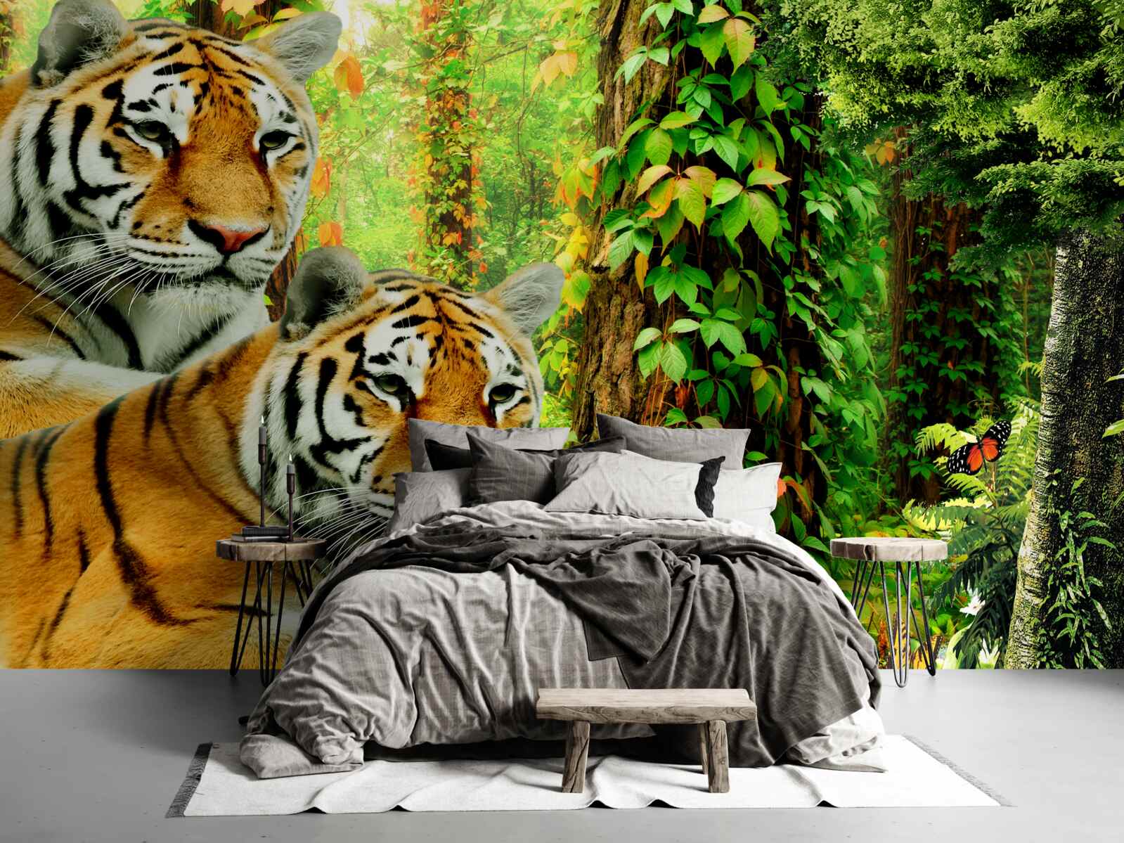 Fototapeten Die Familie der Tiger im grünen Dickicht des Waldes