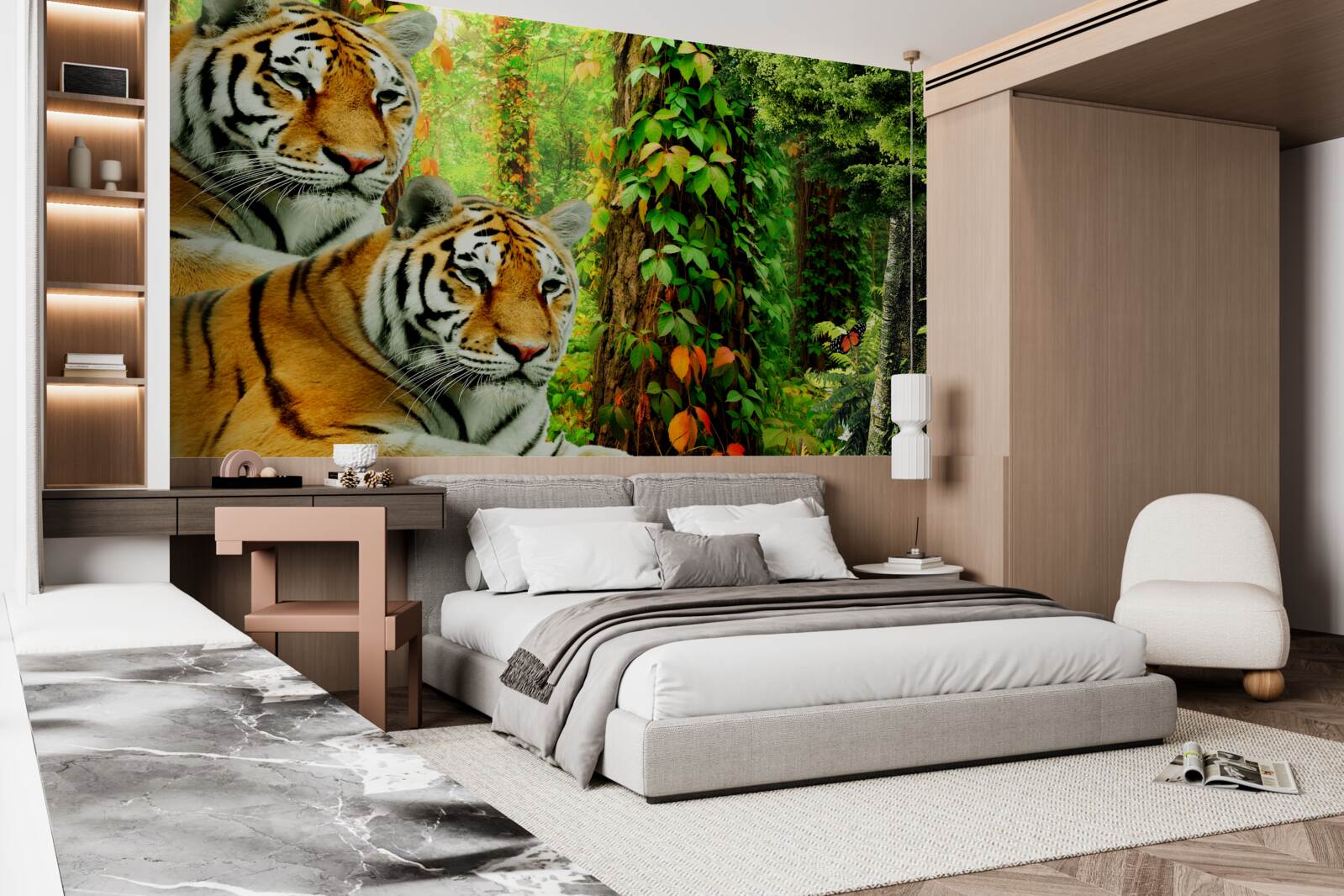 Fototapeten Die Familie der Tiger im grünen Dickicht des Waldes