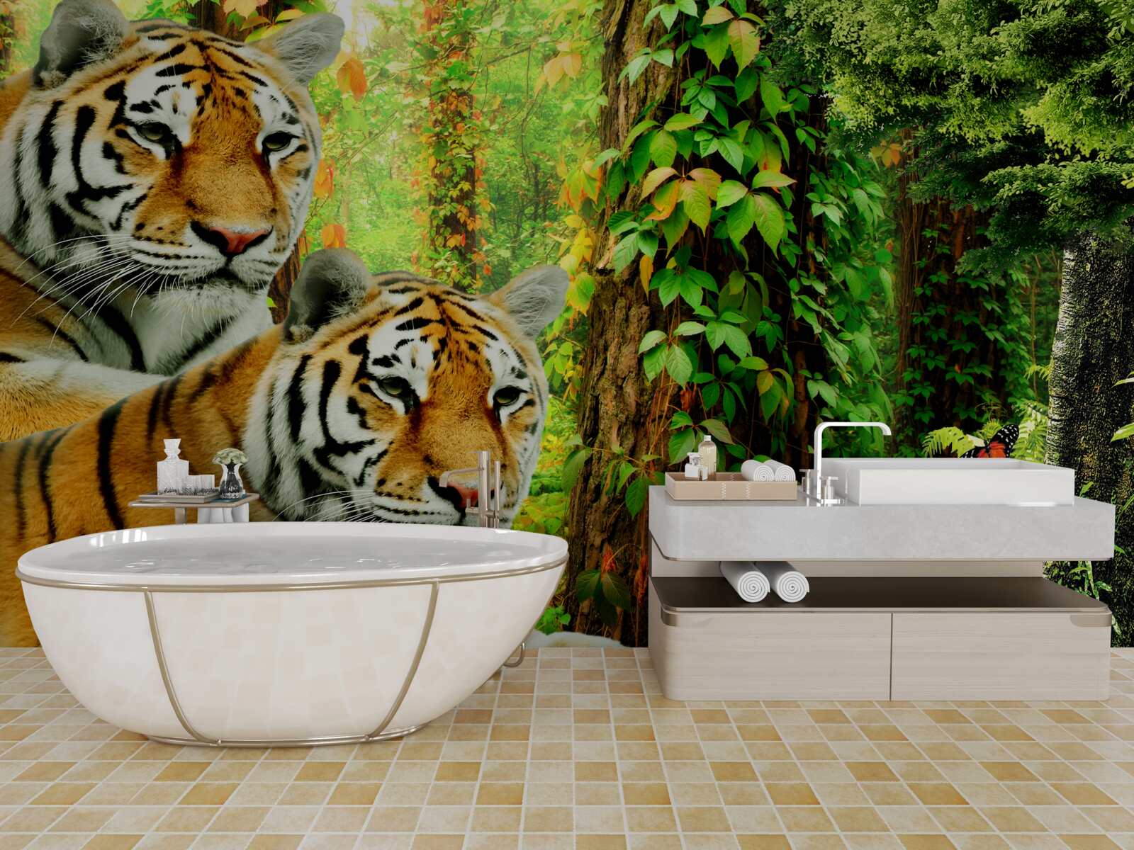 Fototapeten Die Familie der Tiger im grünen Dickicht des Waldes
