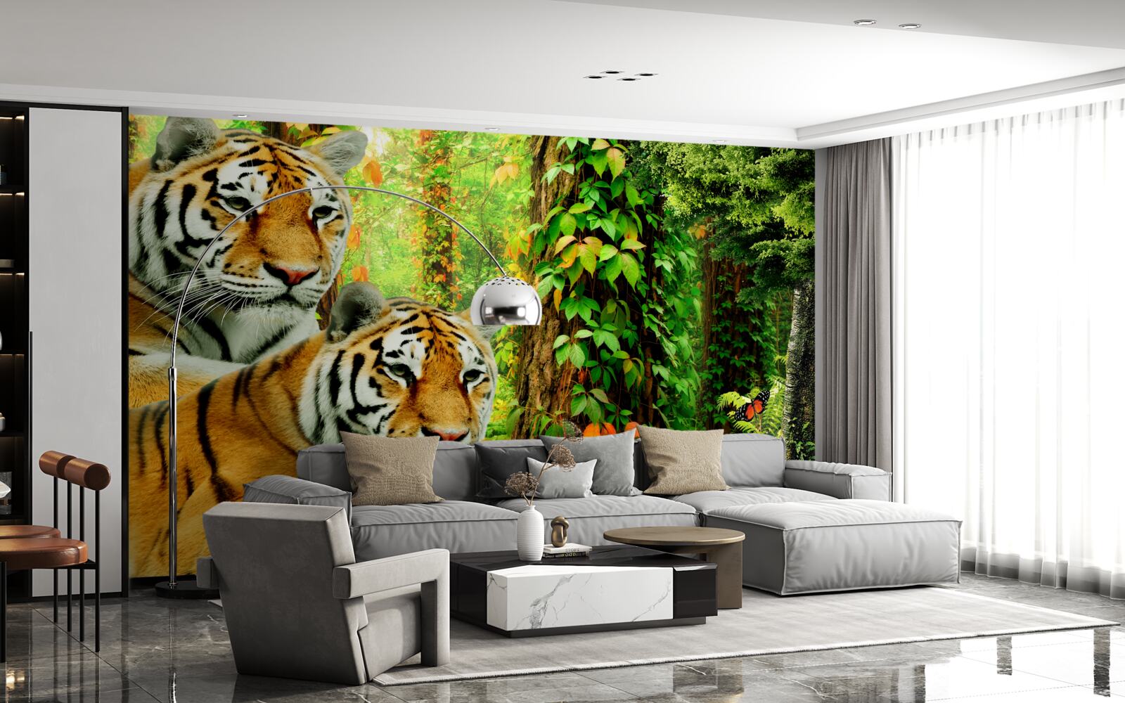 Fototapeten Die Familie der Tiger im grünen Dickicht des Waldes