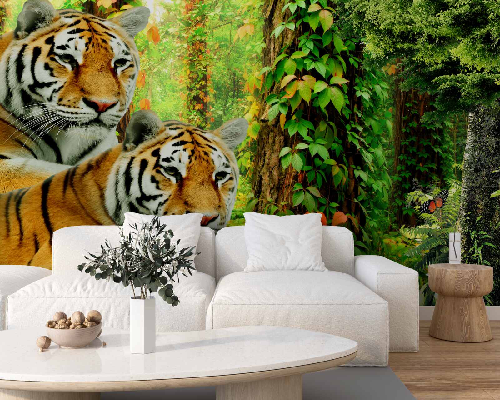 Fototapeten Die Familie der Tiger im grünen Dickicht des Waldes