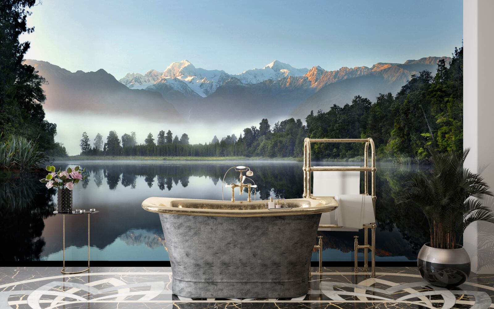 Fototapeten Die Spitze des Mountain Lake ist mit Nebel bedeckt
