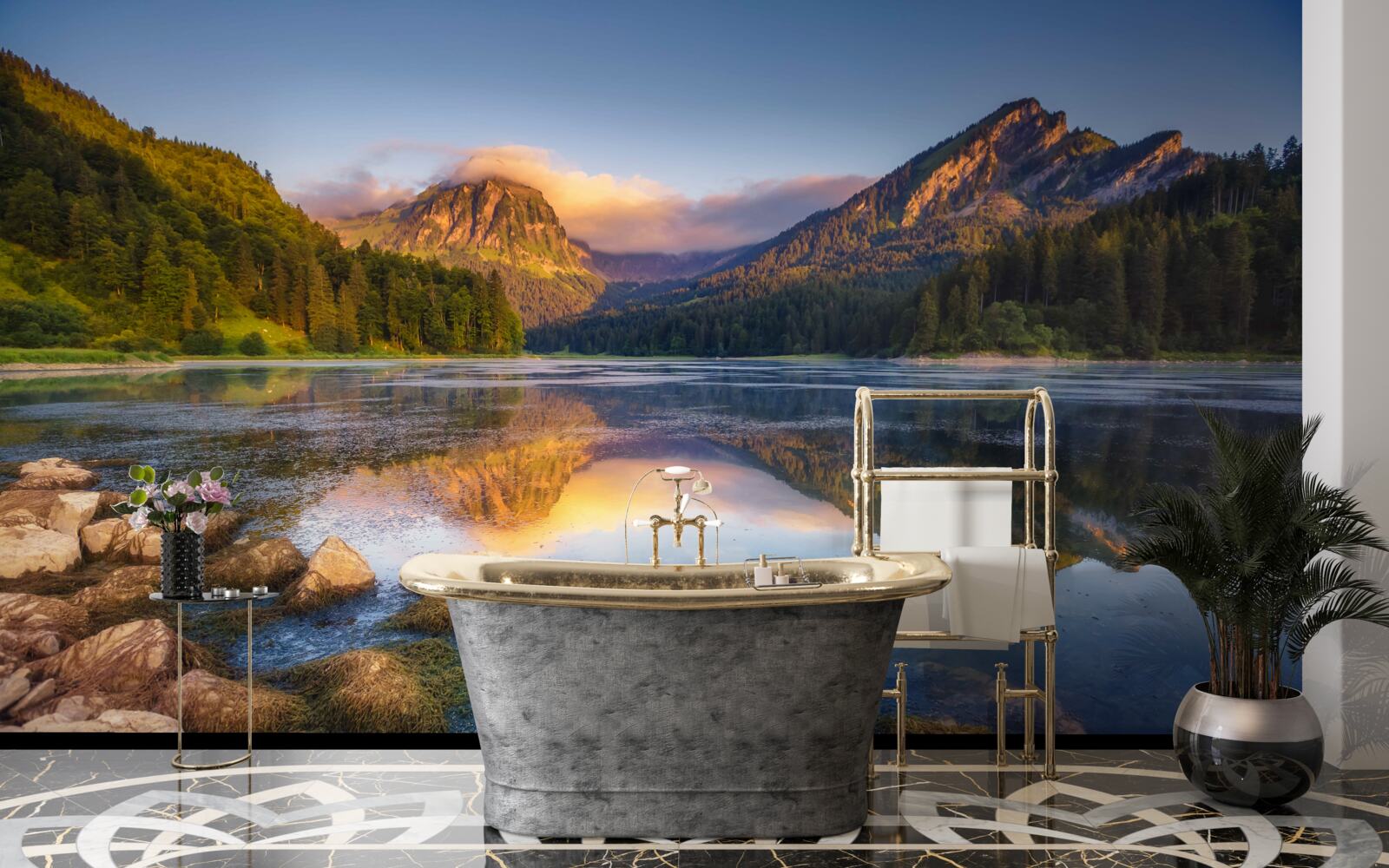 Fototapeten Sonnenuntergang über einem ruhigen Bergsee