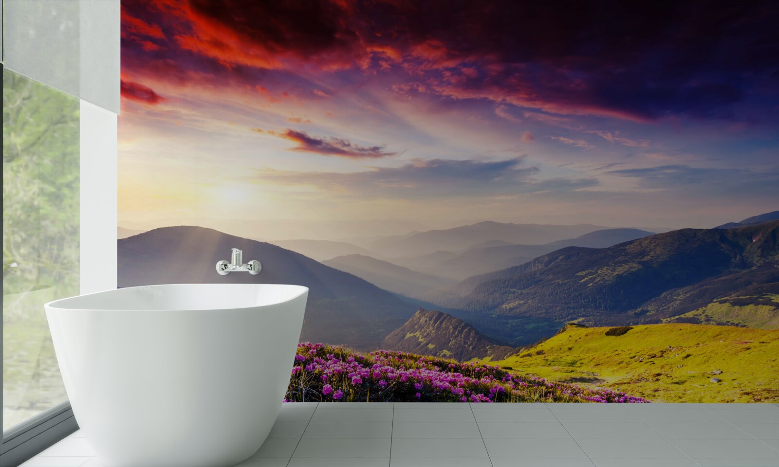 Fototapeten Im Morgengrauen werden Mountain Hills mit lebendigen Farben zum Leben erweckt
