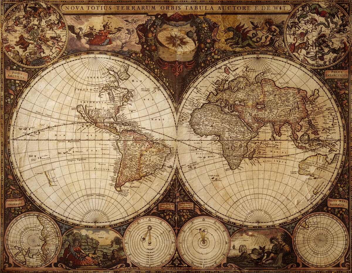 Fototapeten Antike geografische Karte in Form von zwei Hemisphären