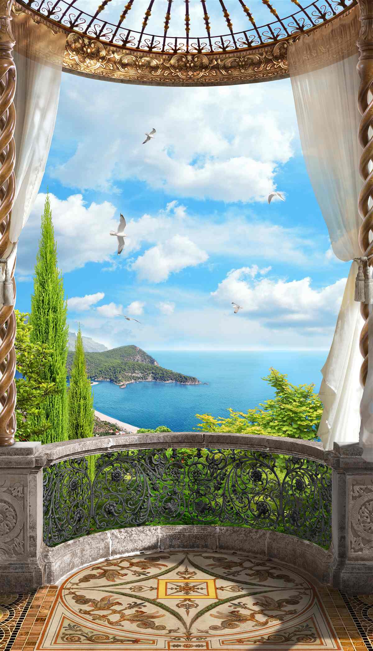 Fototapeten Veranda mit Panoramablick auf das Meer