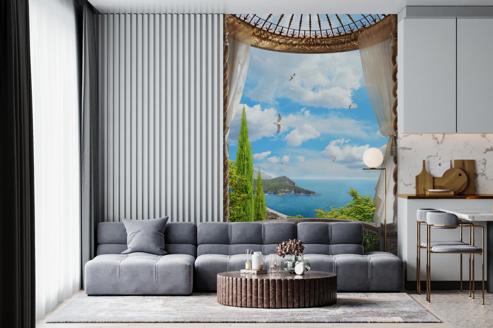 Fototapeten Veranda mit Panoramablick auf das Meer