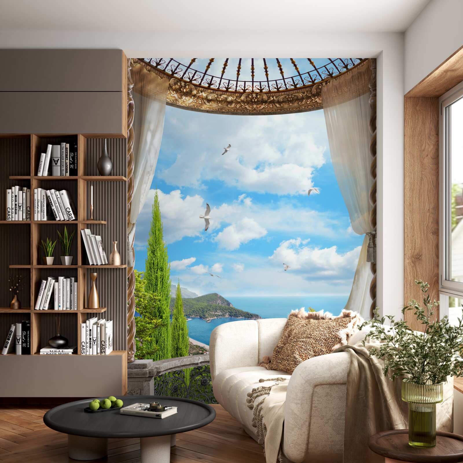 Fototapeten Veranda mit Panoramablick auf das Meer