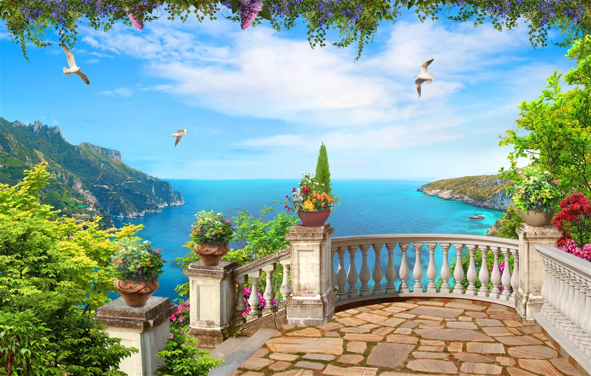 Fototapeten Ein Balkon mit einer komfortablen Umgebung mit Blick auf die Tiefe des Meeres und der Berggipfel