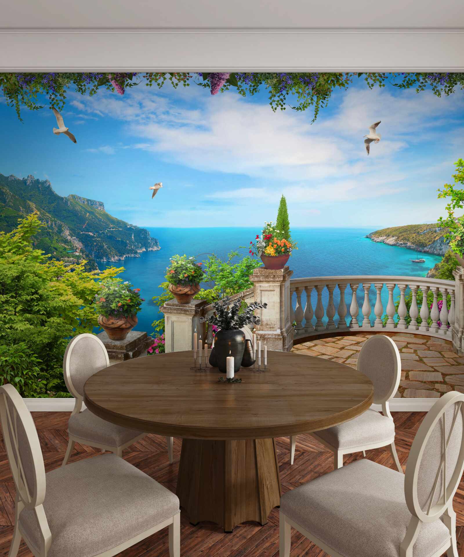 Fototapeten Ein Balkon mit einer komfortablen Umgebung mit Blick auf die Tiefe des Meeres und der Berggipfel