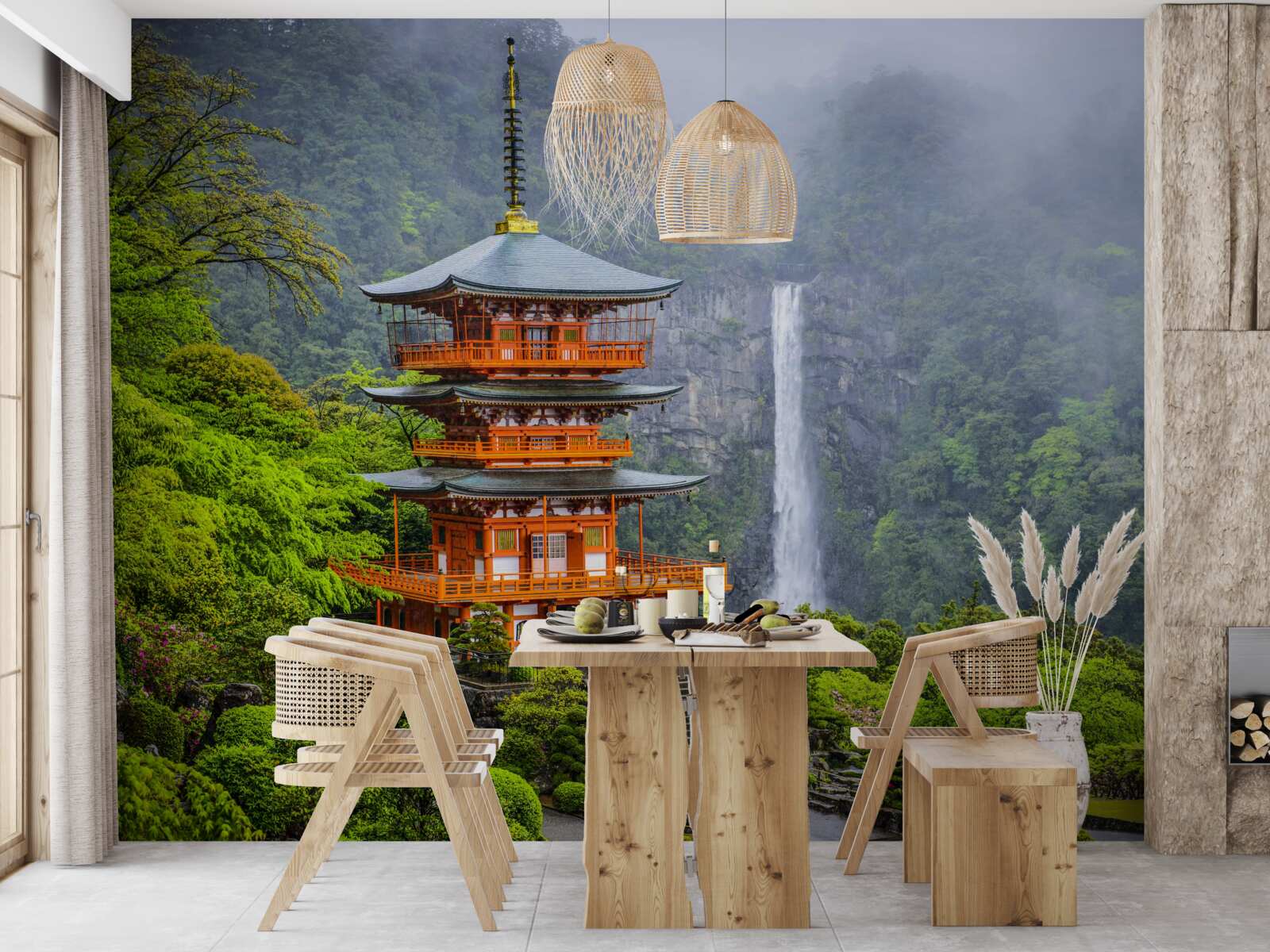 Fototapeten Japanische Pagode in der Nähe des Wasserfalls