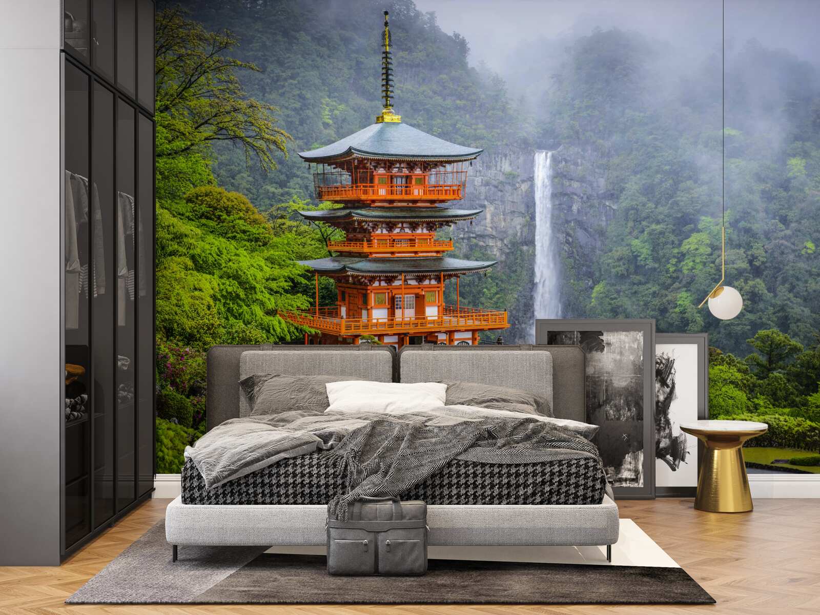 Fototapeten Japanische Pagode in der Nähe des Wasserfalls