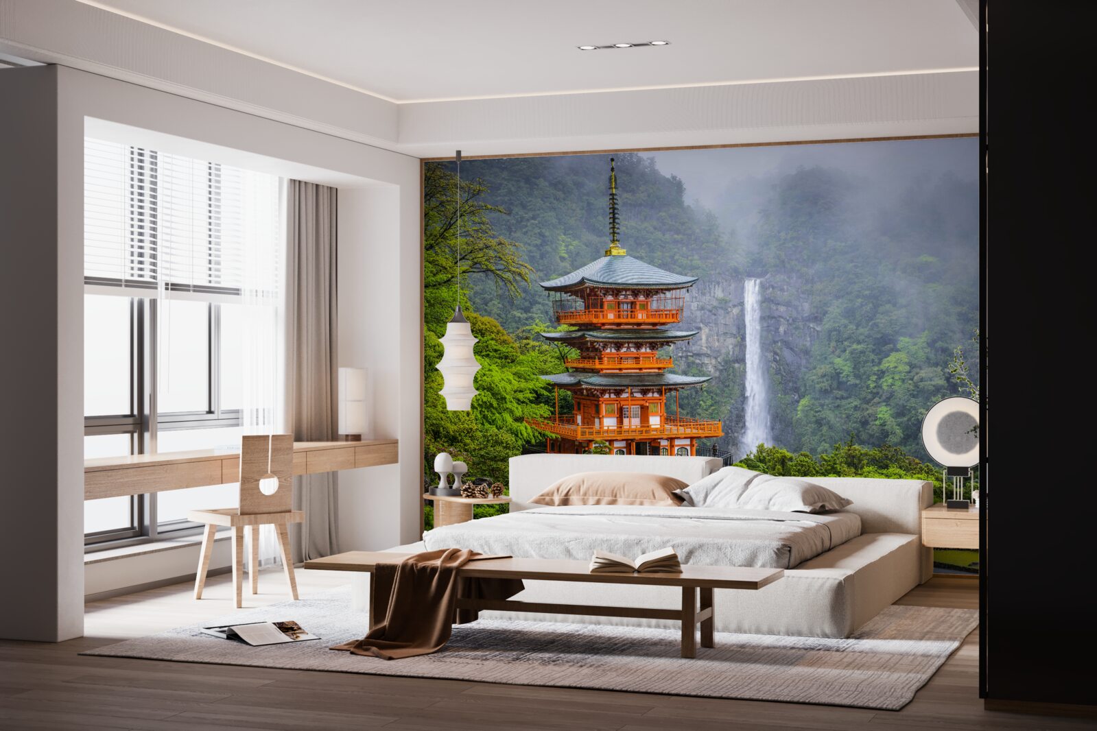 Fototapeten Japanische Pagode in der Nähe des Wasserfalls