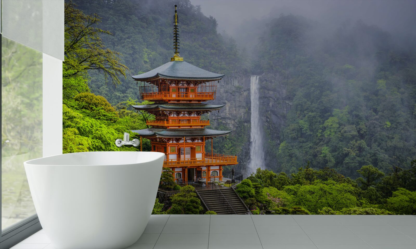 Fototapeten Japanische Pagode in der Nähe des Wasserfalls