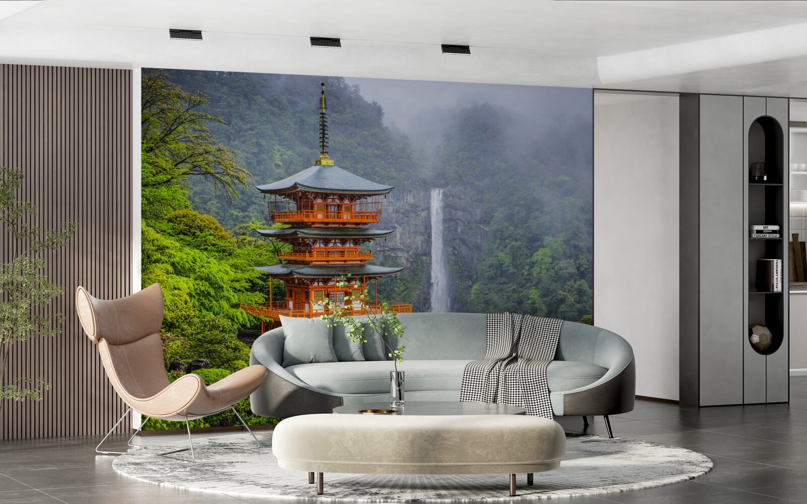 Fototapeten Japanische Pagode in der Nähe des Wasserfalls