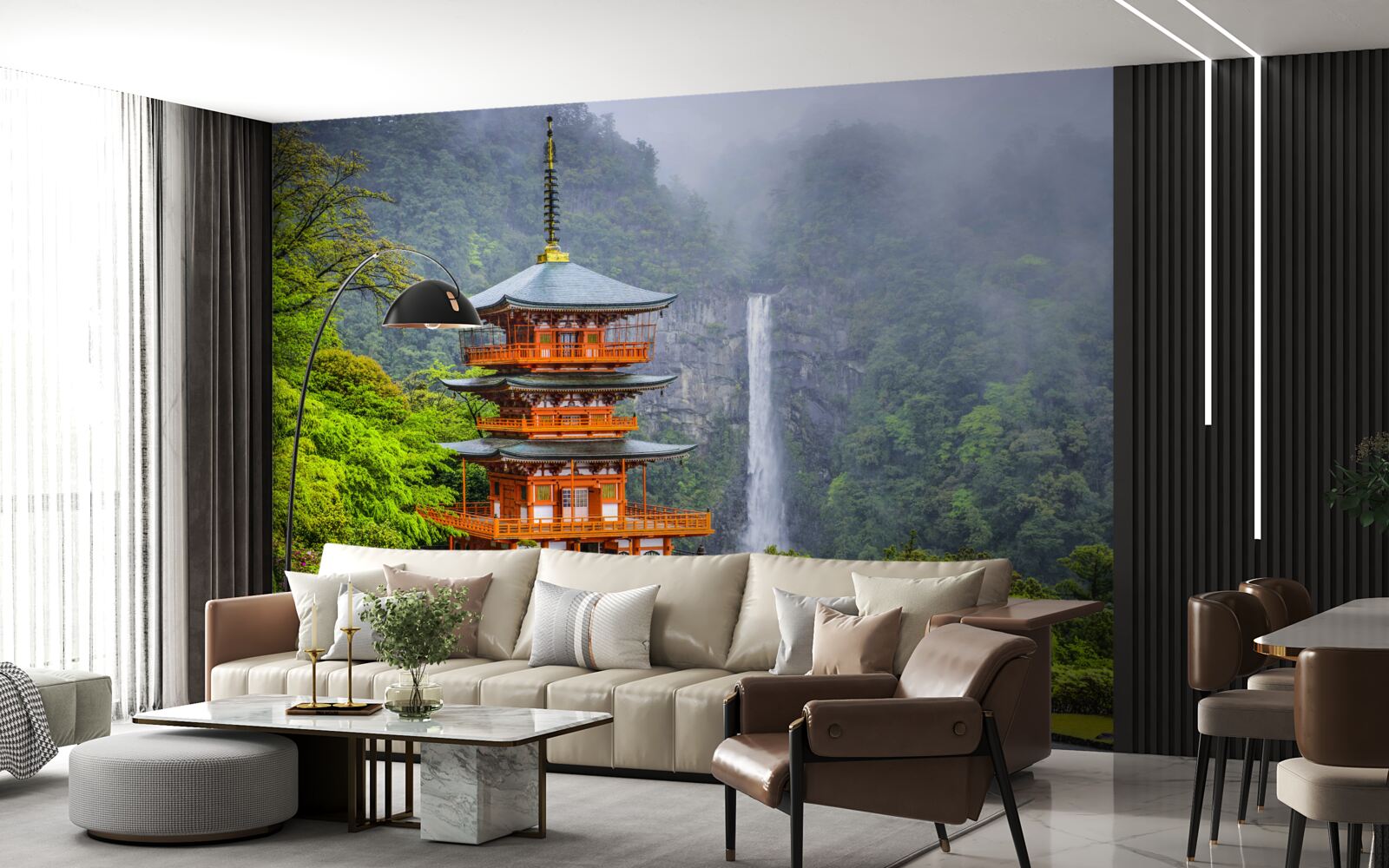 Fototapeten Japanische Pagode in der Nähe des Wasserfalls