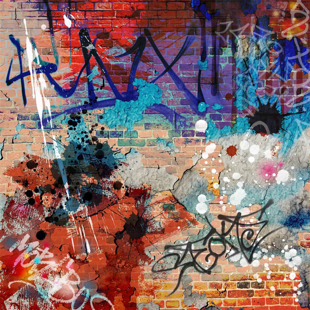 Fototapeten Ein mehrfach gefördertes Graffiti -Muster an einer roten Ziegelmauer