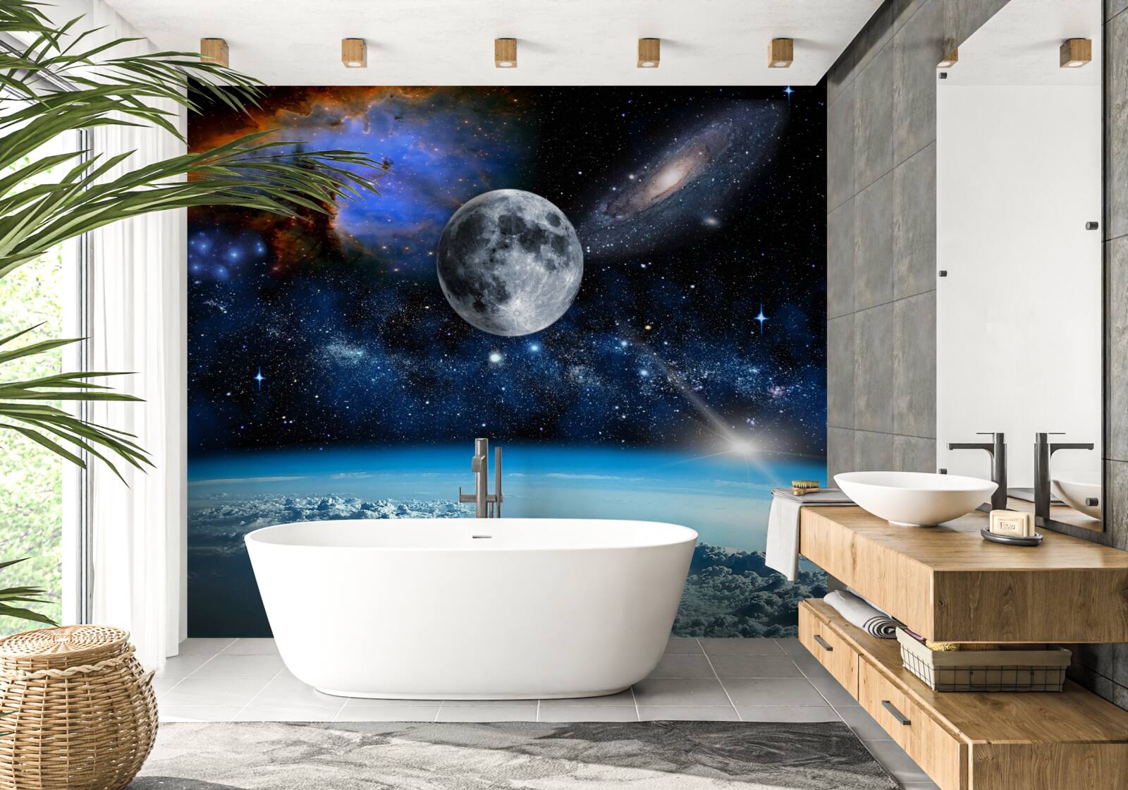 Fototapeten Der Mond und das Universum befinden sich über den Wolken