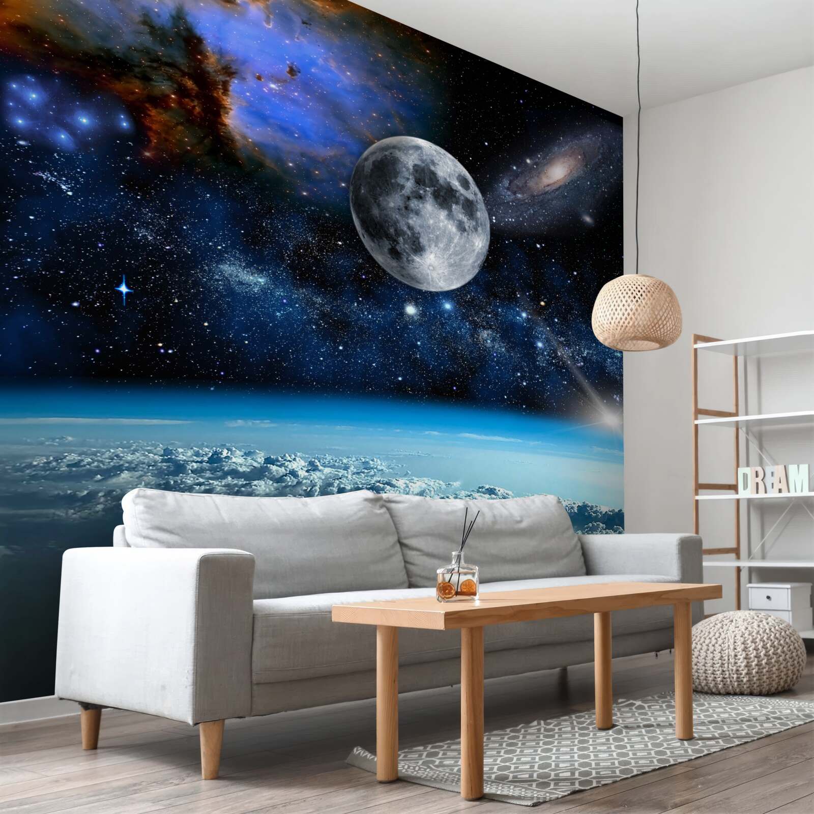 Fototapeten Der Mond und das Universum befinden sich über den Wolken