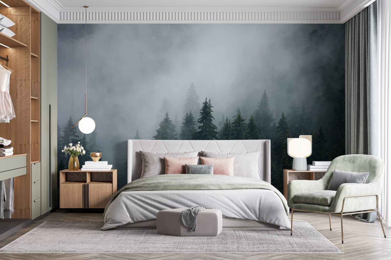 Fototapeten Nebel fällt auf einen Fichtenhain