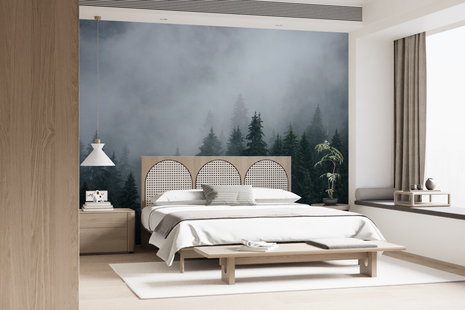 Fototapeten Nebel fällt auf einen Fichtenhain