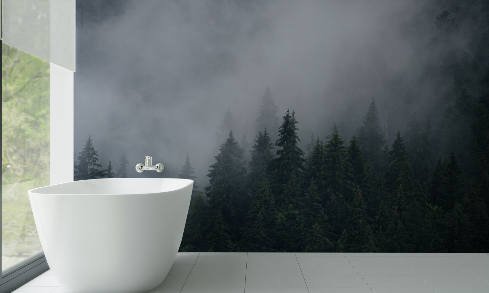 Fototapeten Nebel fällt auf einen Fichtenhain