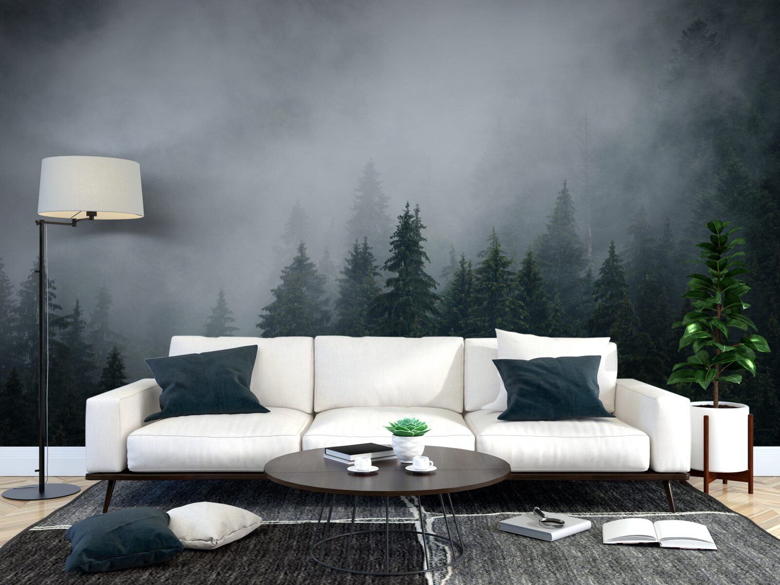 Fototapeten Nebel fällt auf einen Fichtenhain