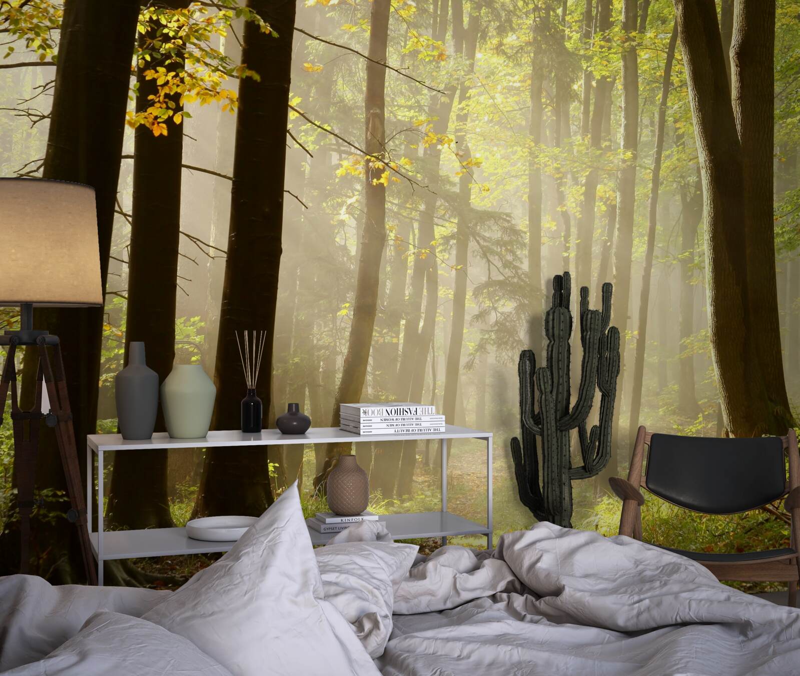 Fototapeten Die Strahlen der Morgensonne durchbohren den Nebel in der Wüste