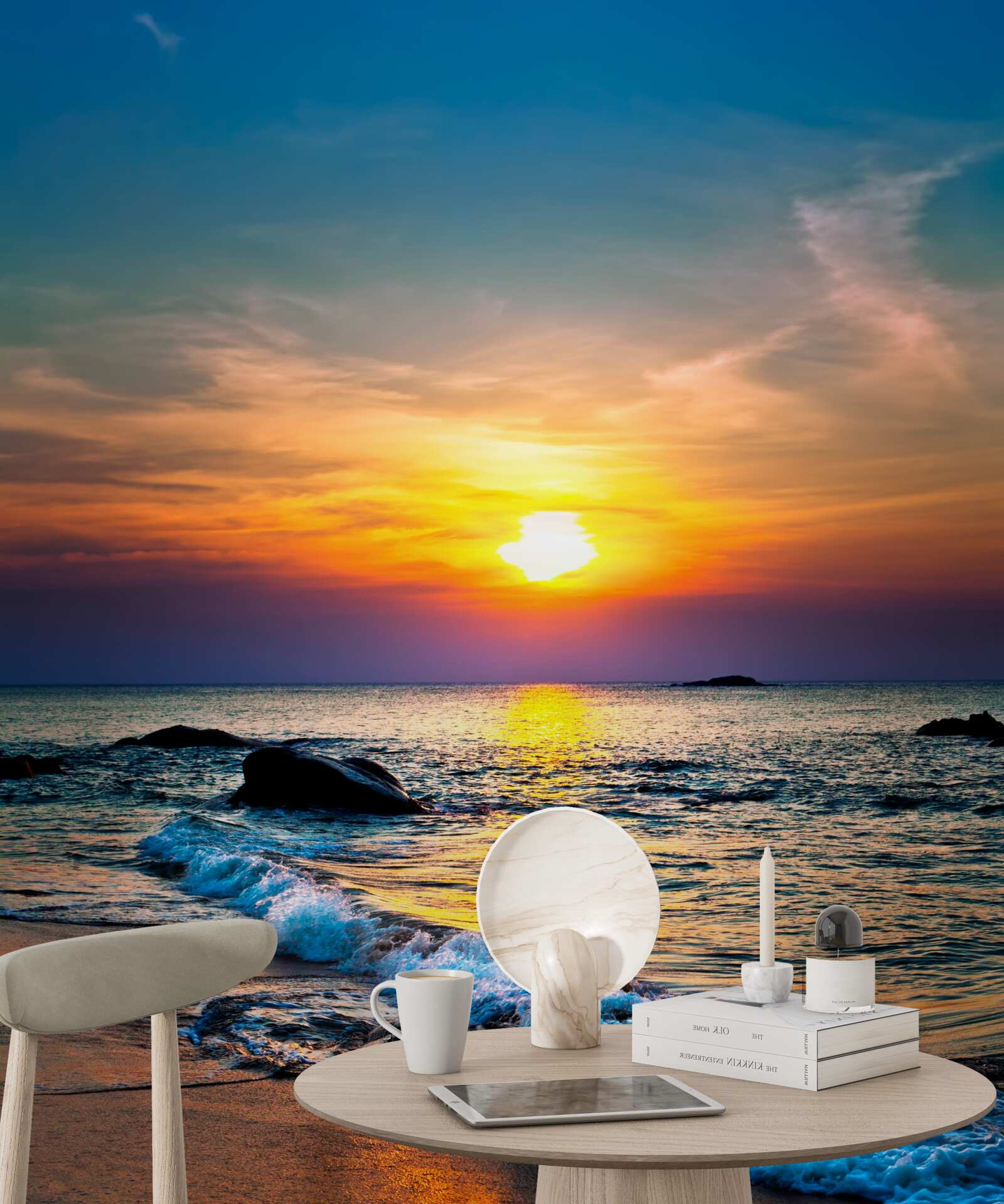 Fototapeten Sonnenuntergang und Schaumwelle
