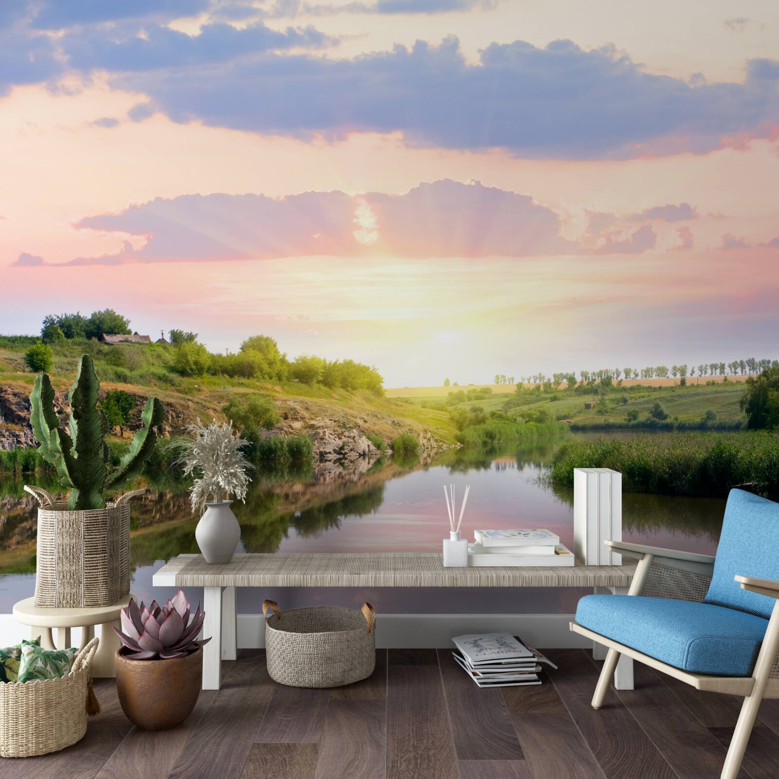 Fototapeten Bequeme Terrasse über dem ruhigen Wasser des Sees