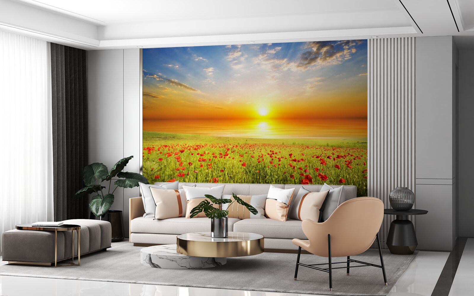 Fototapeten In diesem Sommer ist der Sonnenuntergang in der Wiese Wiese voller Farben