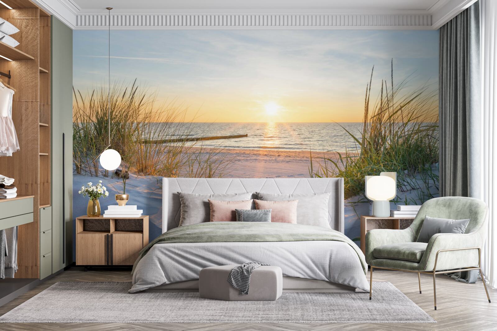 Fototapeten Der Sandstrand ist mit grünem Gras dekoriert