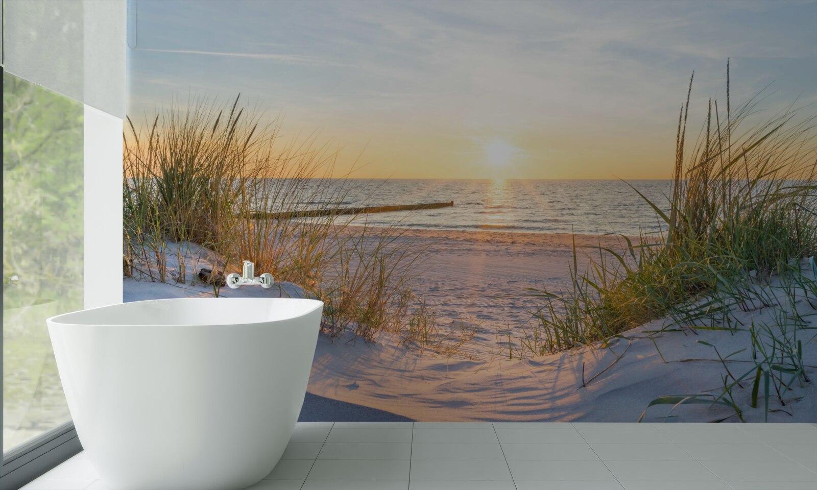 Fototapeten Der Sandstrand ist mit grünem Gras dekoriert
