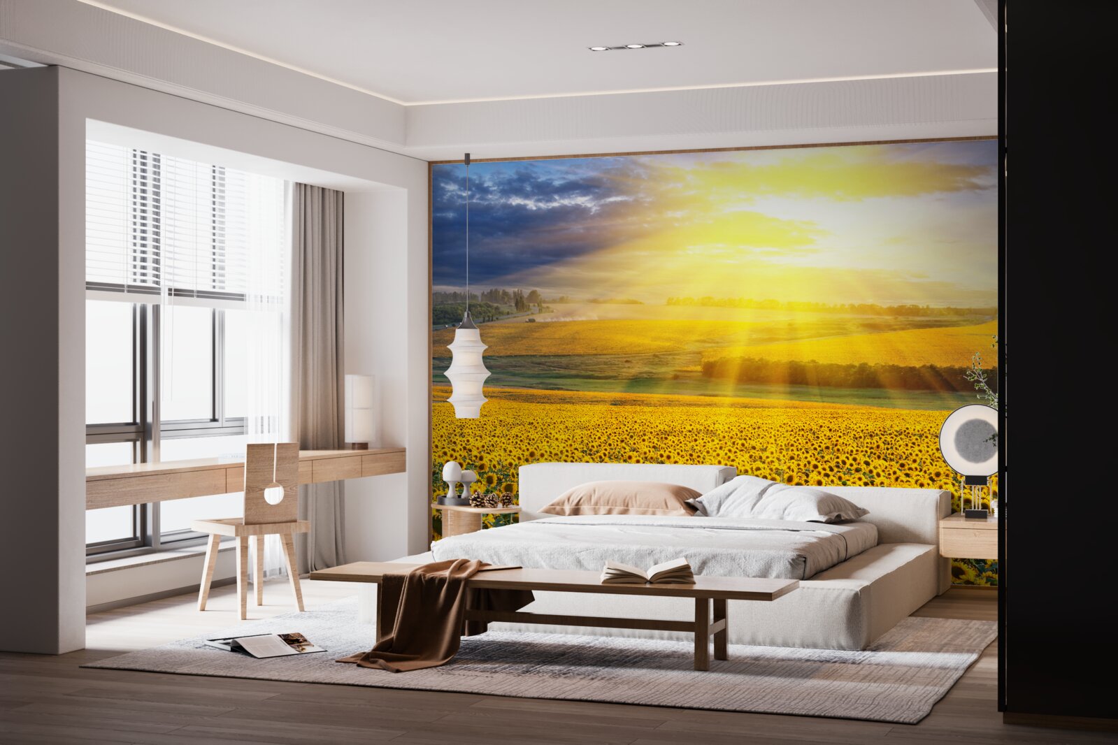 Fototapeten Die Sonne ist voller Klarheit über dem Feld der üppigen Sonnenblumen