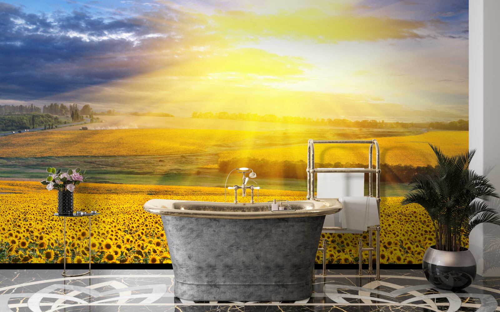 Fototapeten Die Sonne ist voller Klarheit über dem Feld der üppigen Sonnenblumen