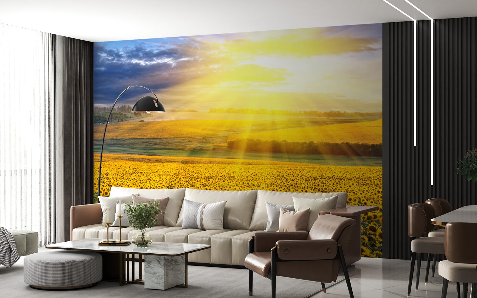 Fototapeten Die Sonne ist voller Klarheit über dem Feld der üppigen Sonnenblumen