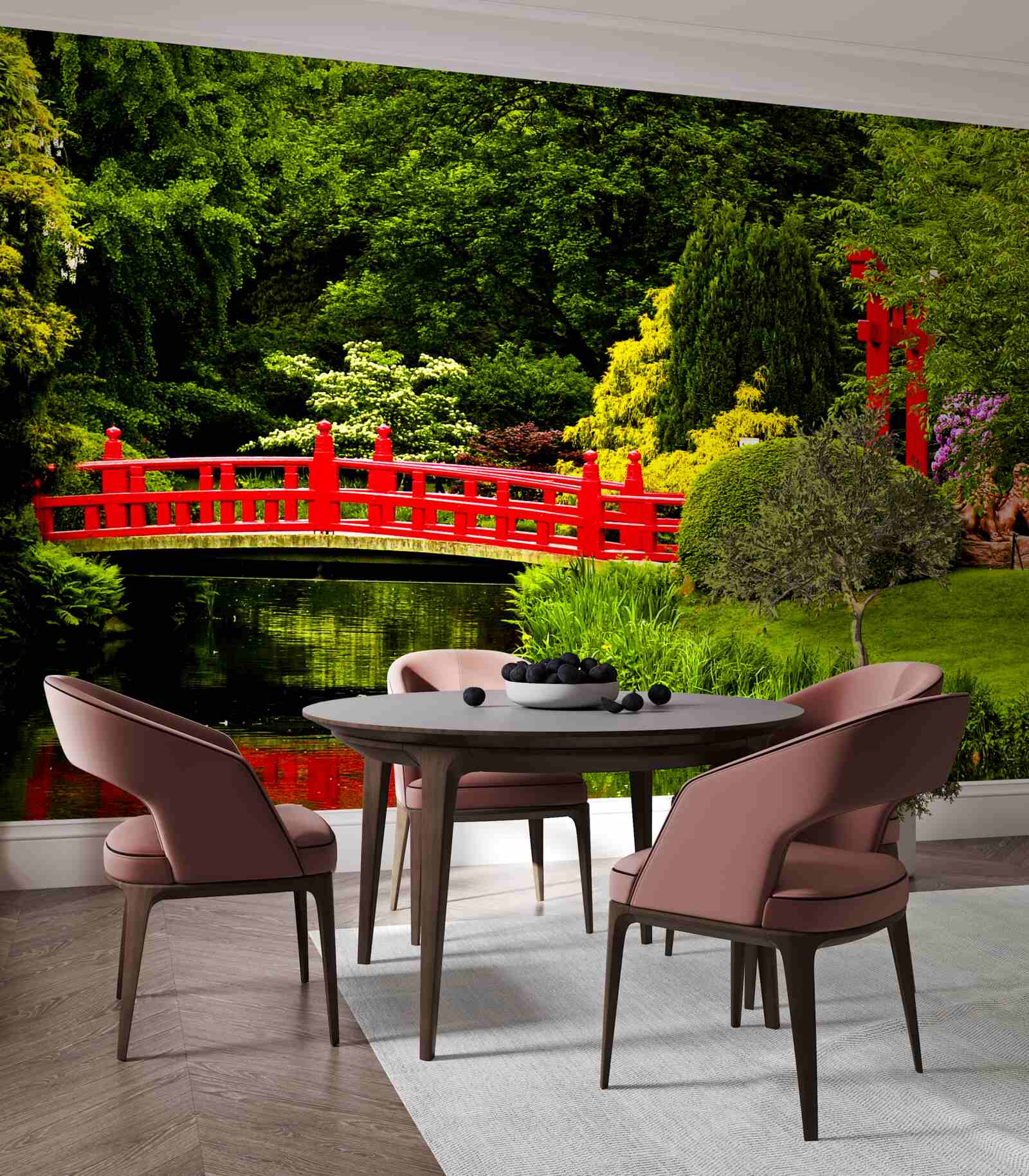 Fototapeten Rote Brücke im japanischen Garten