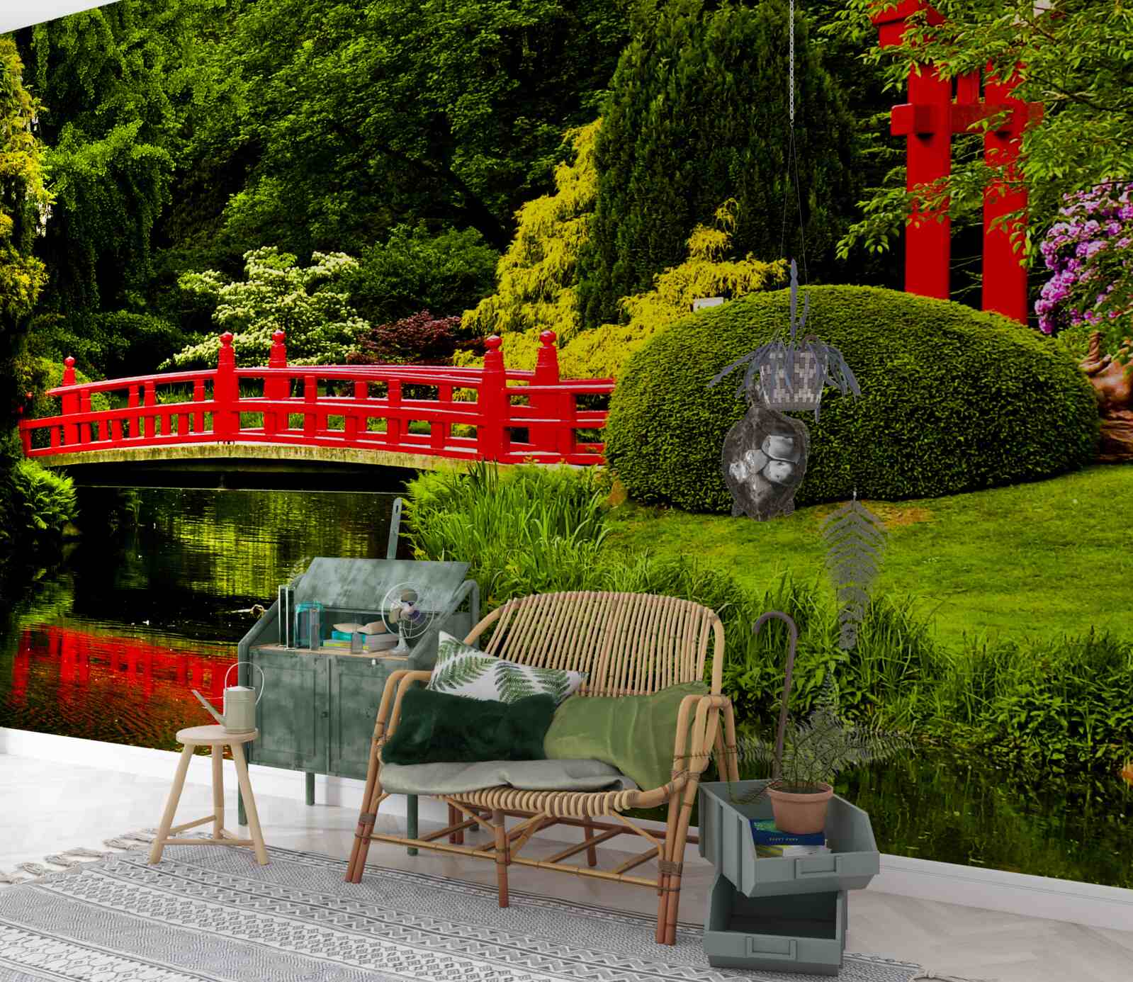 Fototapeten Rote Brücke im japanischen Garten