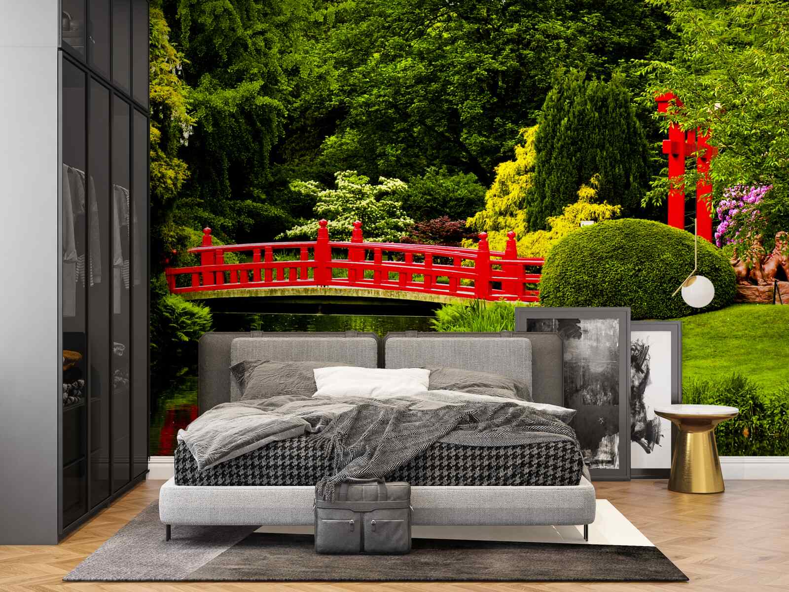 Fototapeten Rote Brücke im japanischen Garten