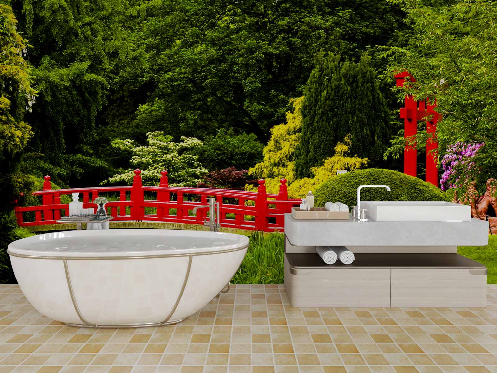Fototapeten Rote Brücke im japanischen Garten