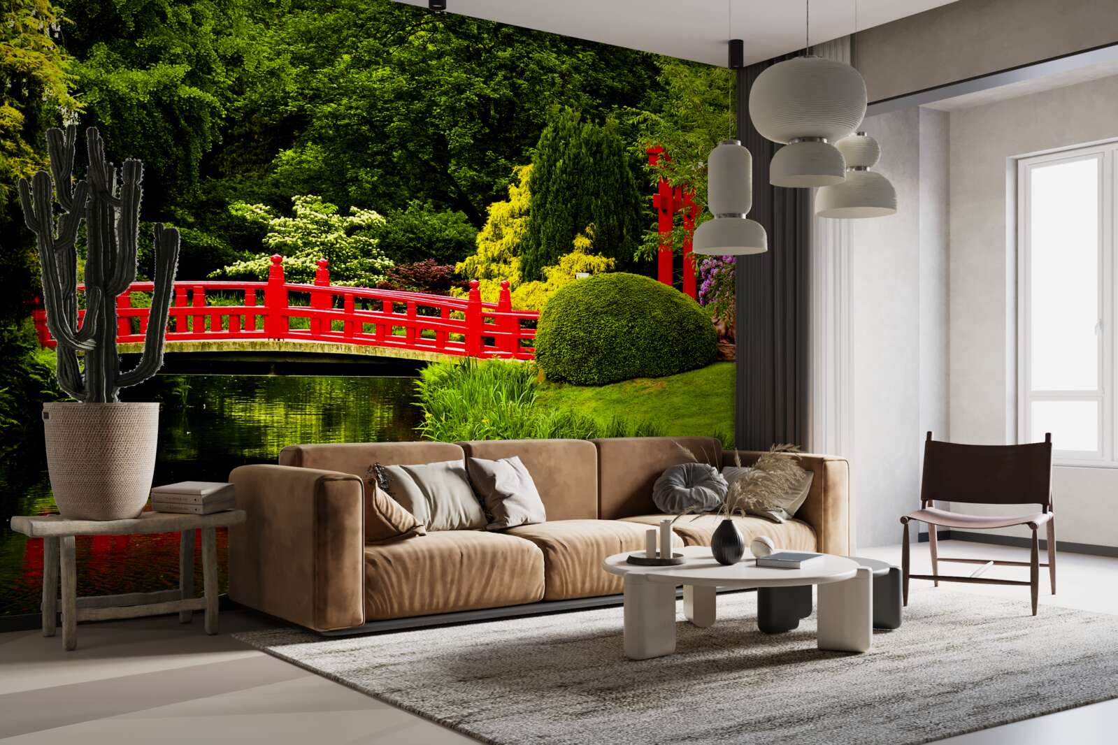 Fototapeten Rote Brücke im japanischen Garten