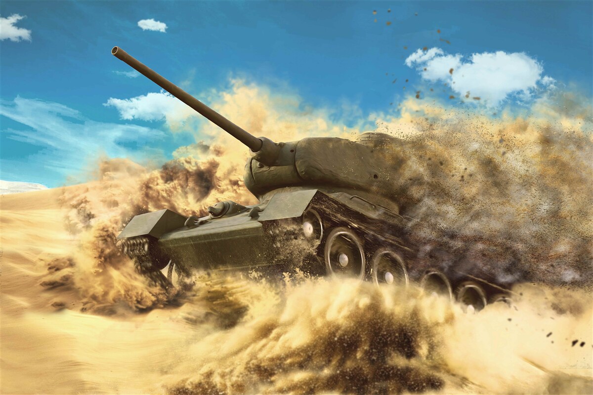 Fototapeten Ein Tank bewegt sich auf der sandigen Oberfläche