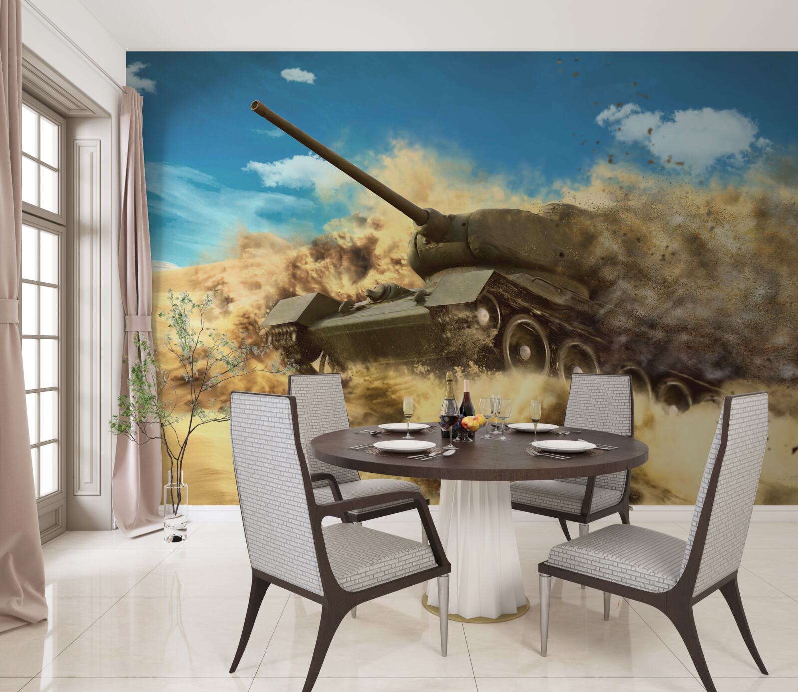 Fototapeten Ein Tank bewegt sich auf der sandigen Oberfläche