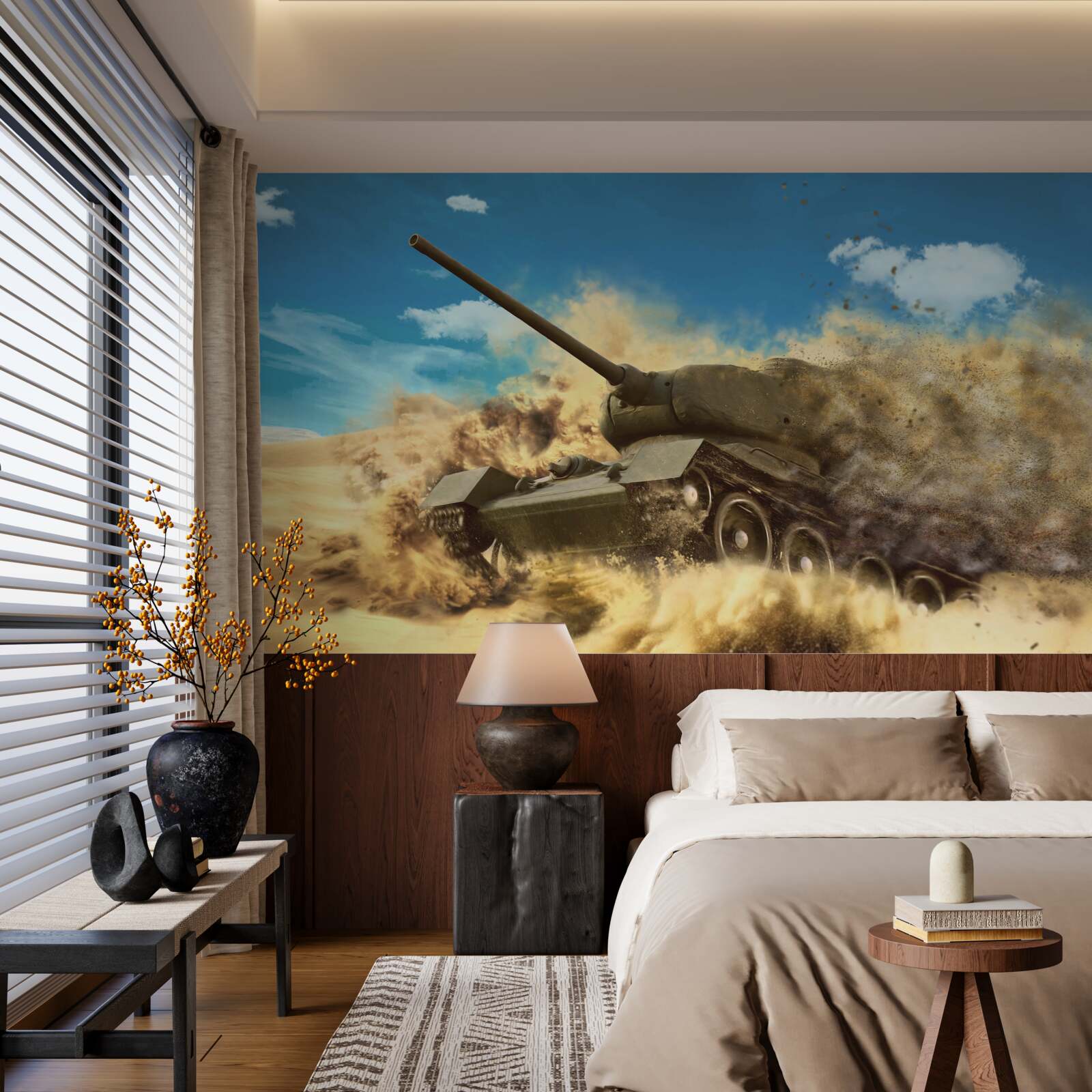 Fototapeten Ein Tank bewegt sich auf der sandigen Oberfläche